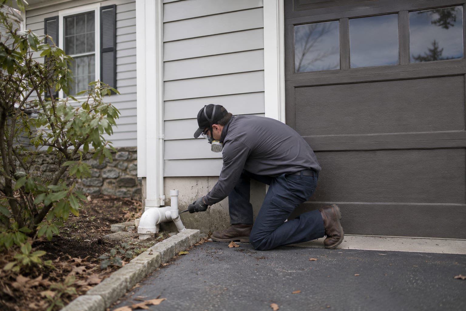 Technician inspecting the slab foundation and utility penetrations of a postwar ranch house in Auburn, MA