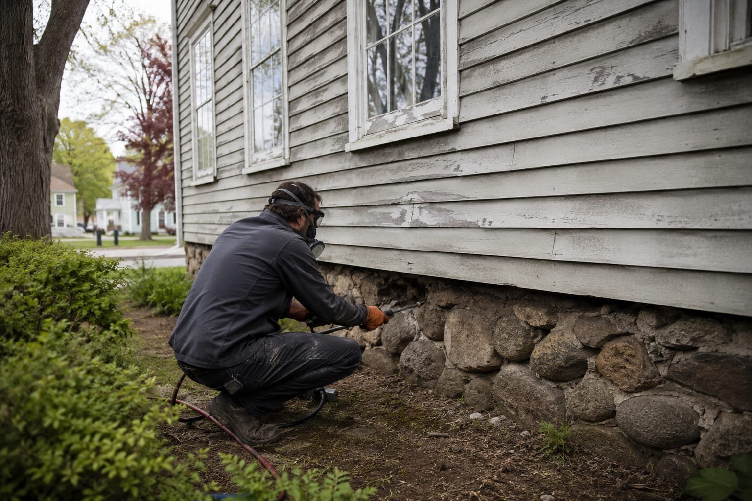 Technician inspecting the fieldstone foundation of an antique house near Grafton Common in Grafton, MA