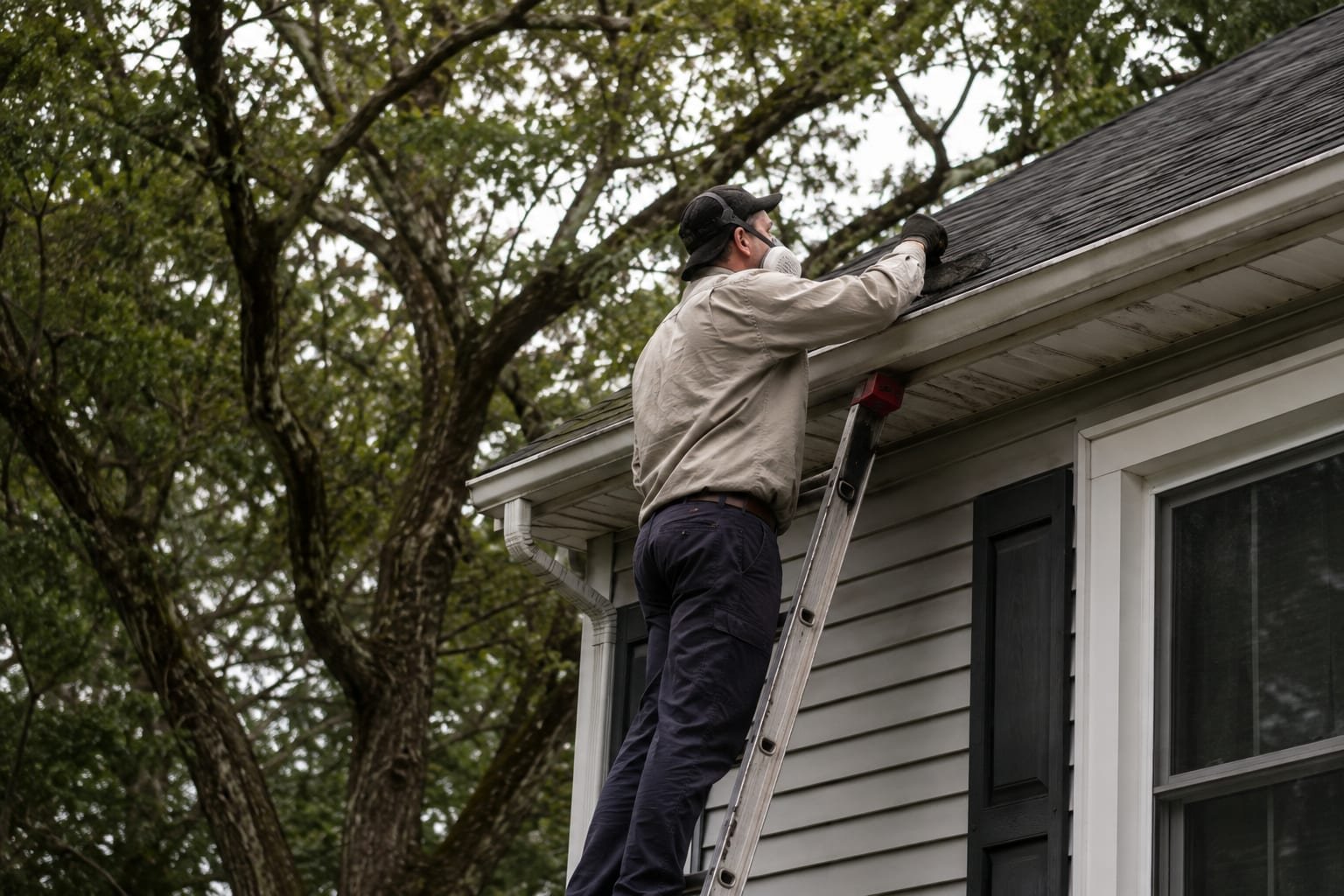 Technician inspecting a roof return and soffit for squirrel entry on a wooded lot house in Holden, MA