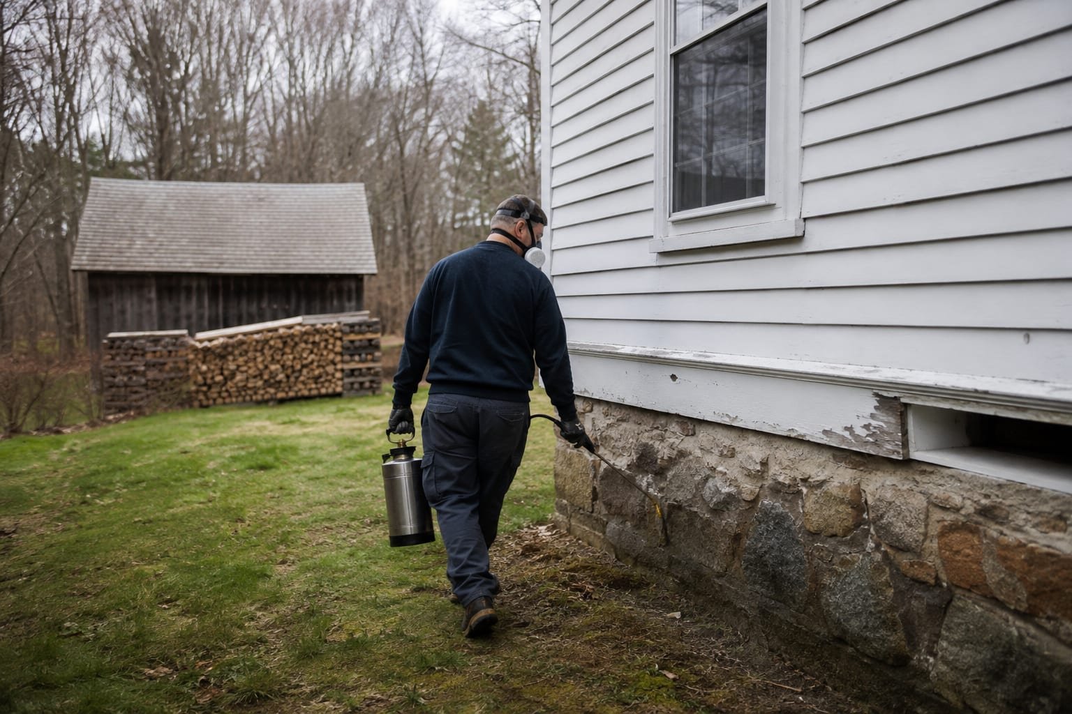 Pest control technician inspecting the sill of an older farmhouse on a wooded lot in Leicester, MA