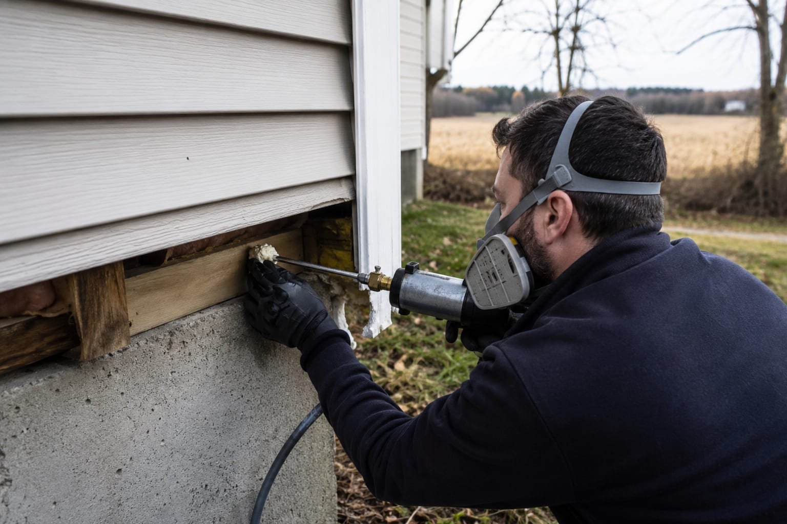 Technician inspecting the rim joist and utility penetrations of a subdivision colonial in Northborough, MA