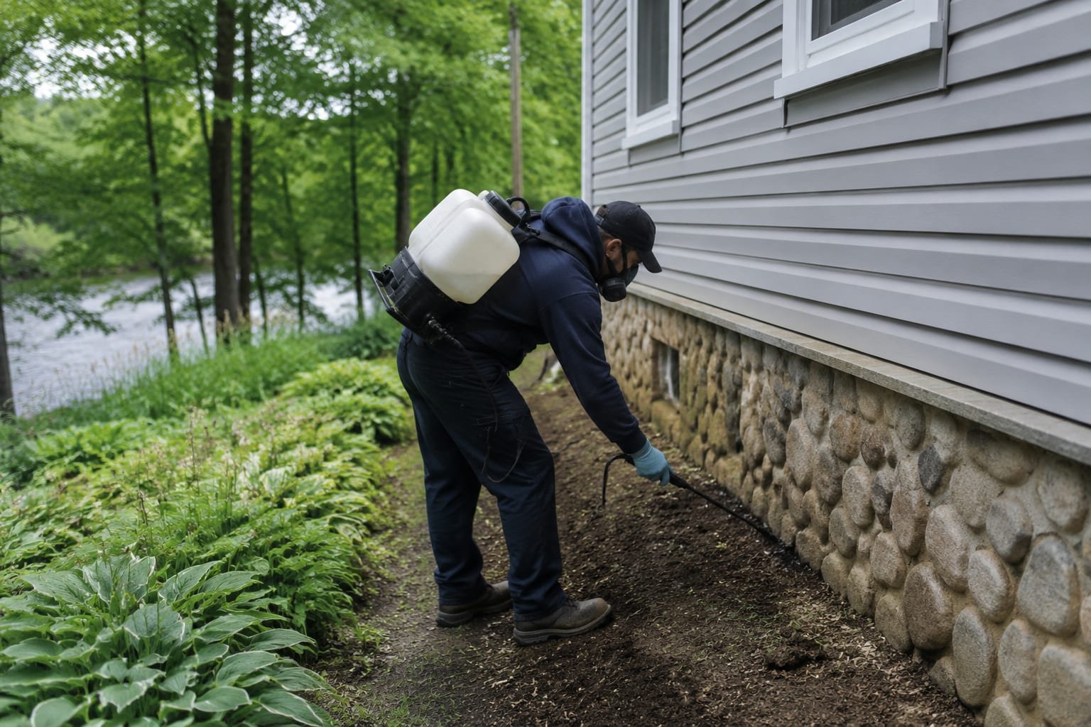 Pest control technician treating the exterior perimeter of a village house near the French River in Oxford, MA