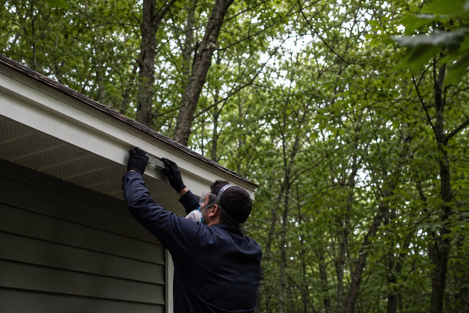 Technician fitting a one-way exclusion device to a soffit on a wooded hilltop property in Paxton, MA