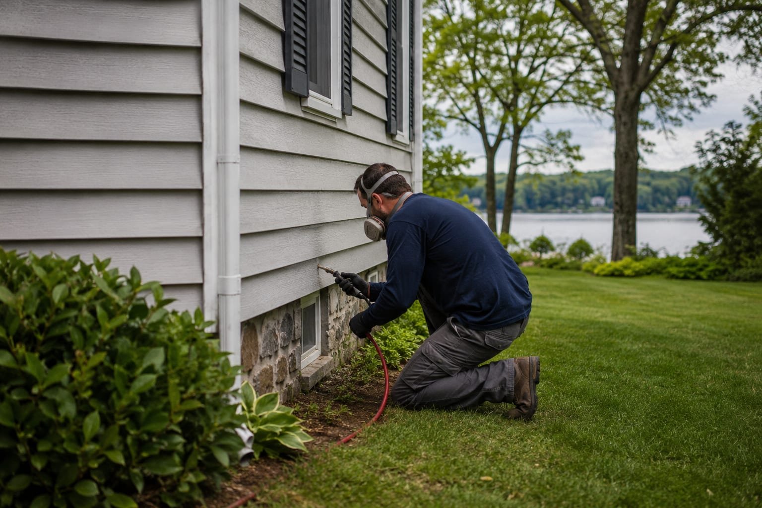 Pest control technician treating the foundation of a suburban colonial home in Shrewsbury, MA