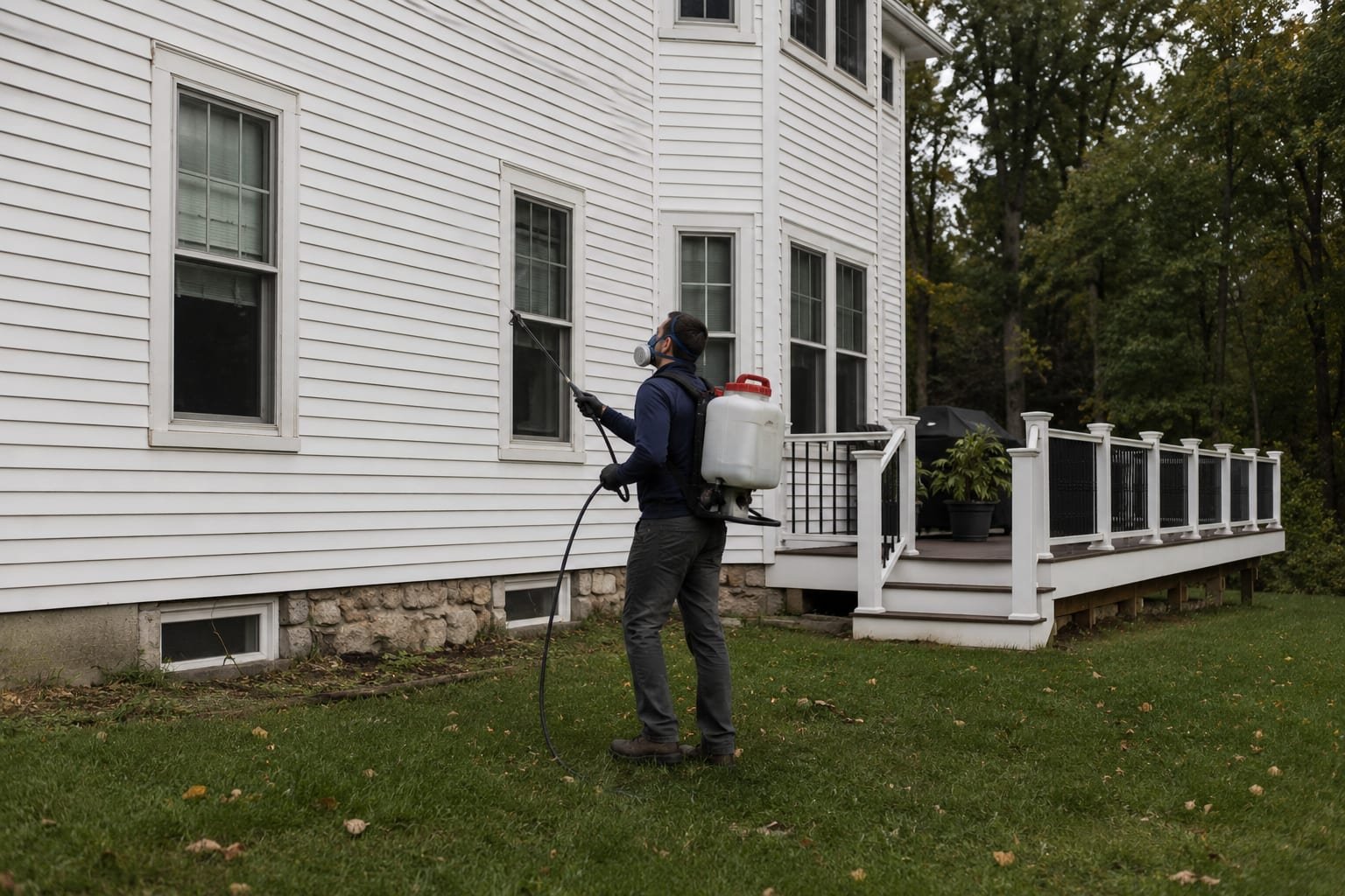 Technician treating the woodland transition edge of a large wooded property in Sutton, MA