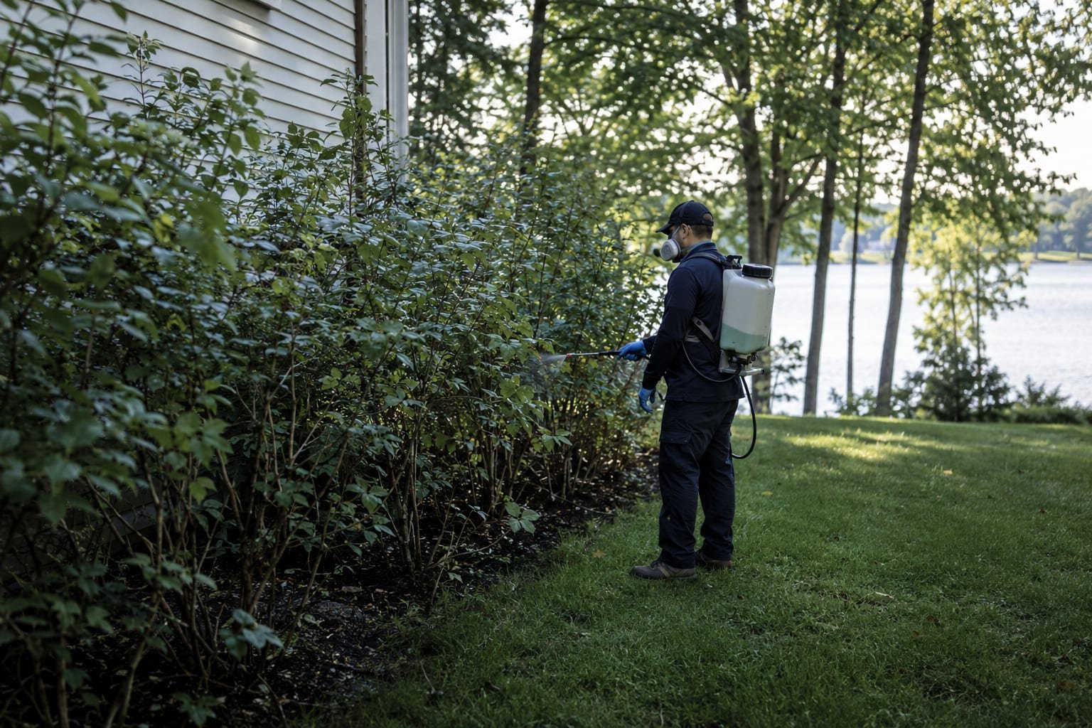 Technician treating the shaded shrub line of a home near the Wachusett Reservoir in West Boylston, MA