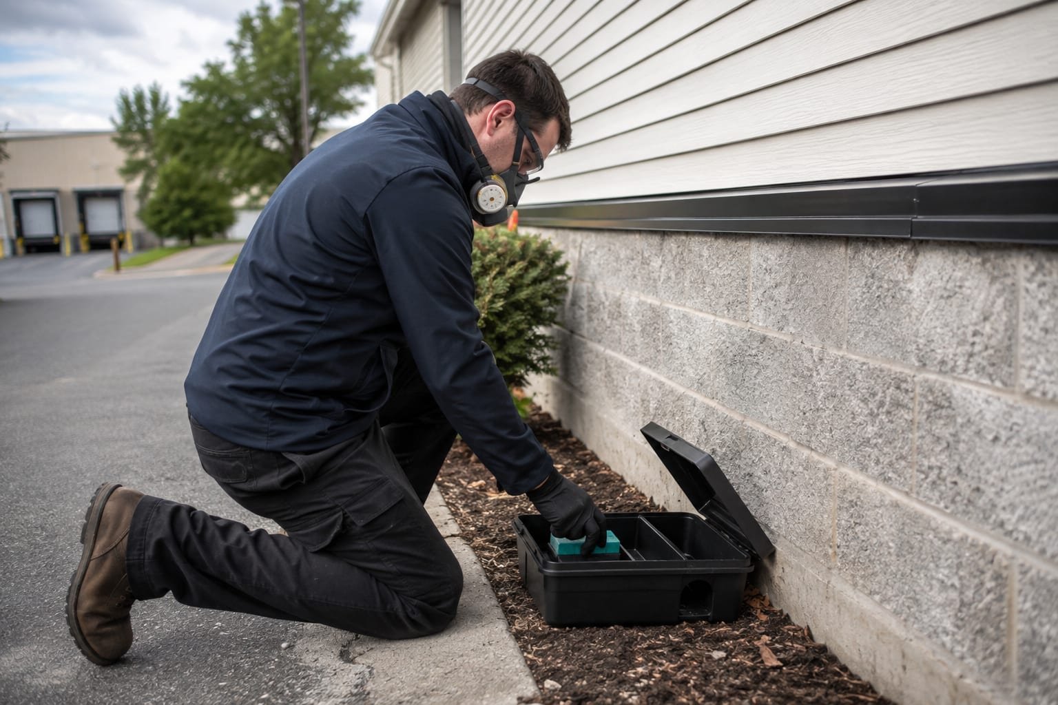 Technician servicing an exterior bait station at a commercial building along the Route 9 corridor in Westborough, MA