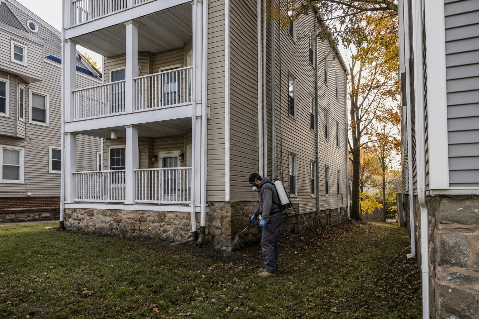Pest control technician treating the foundation perimeter of a triple-decker home in Worcester, MA