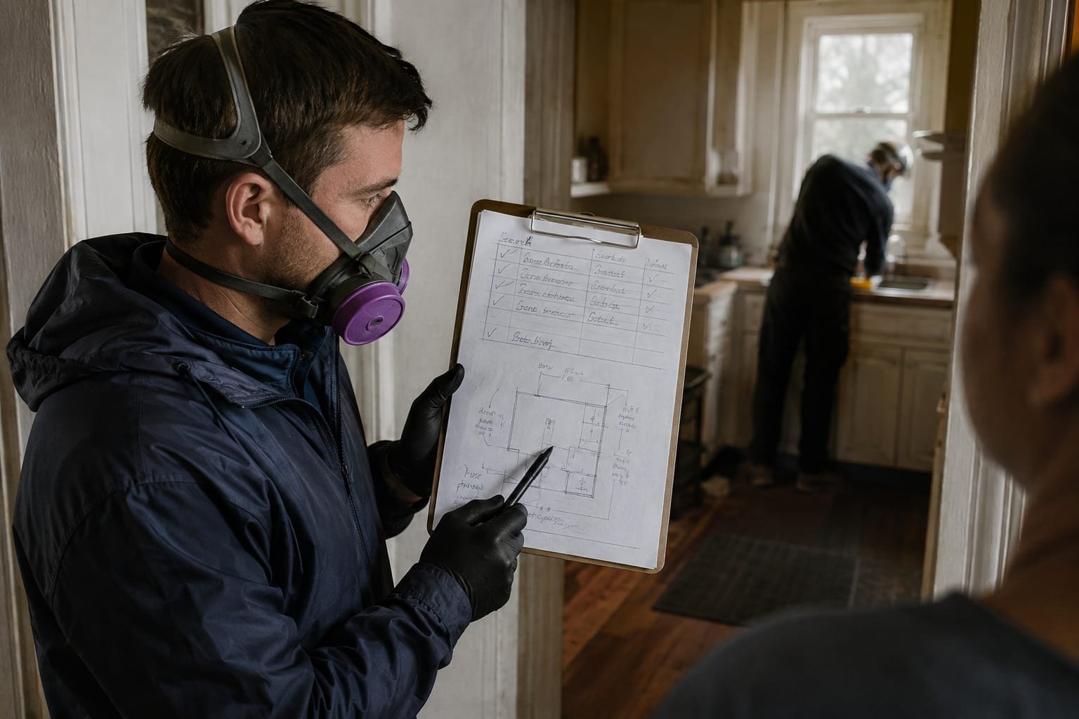 Technician showing a homeowner the written inspection findings during a pest control visit in Worcester, MA