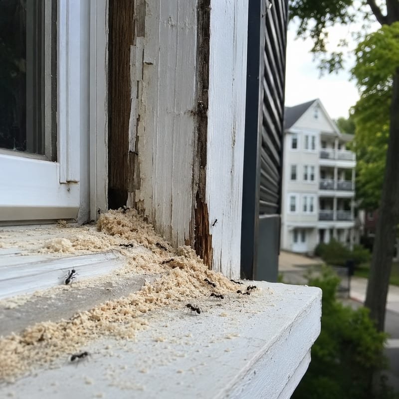 Carpenter ants and coarse frass shavings below a moisture-damaged window frame in a Worcester, MA home