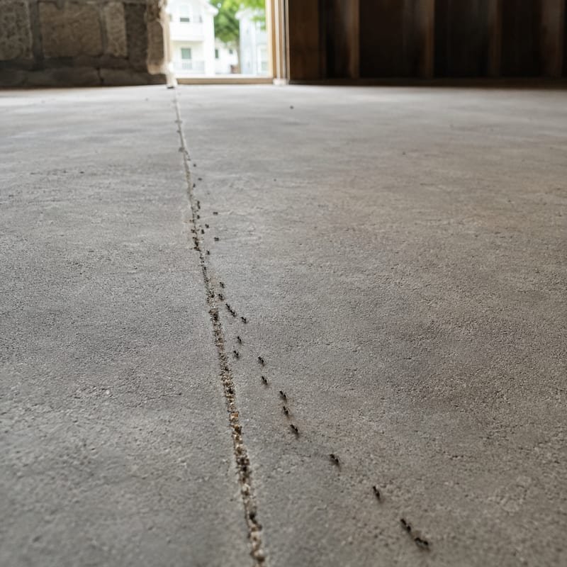 Pavement ant trail entering through an expansion joint in a Central Massachusetts basement slab