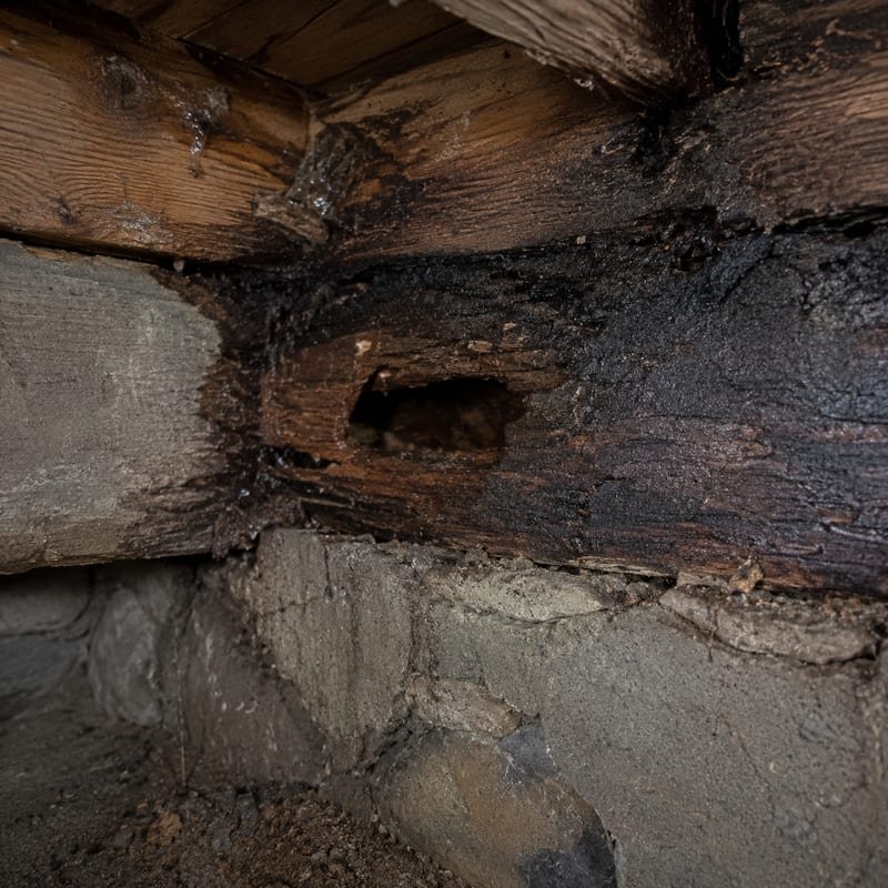 Damp rim joist and softened sill wood where a carpenter ant satellite nest was found in Worcester, MA