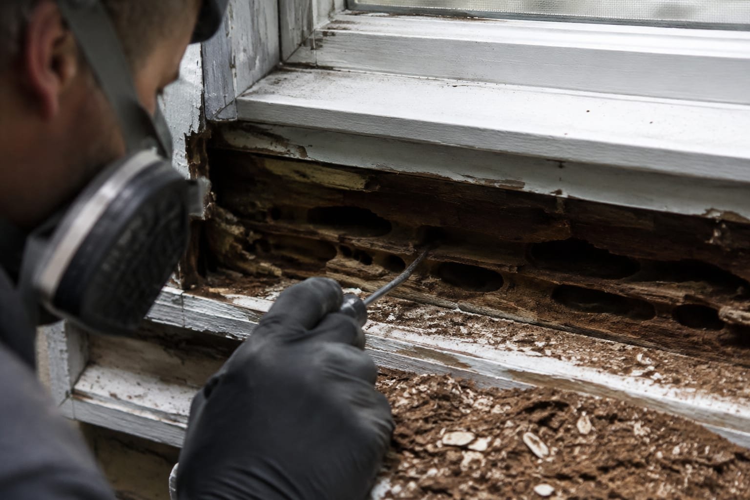 Carpenter ant damage exposed in a moisture-softened wooden sill in a Worcester, MA basement