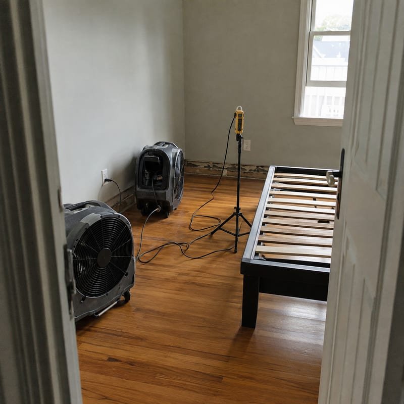 Bed bug heat treatment fans and temperature probes running in a Worcester, MA bedroom