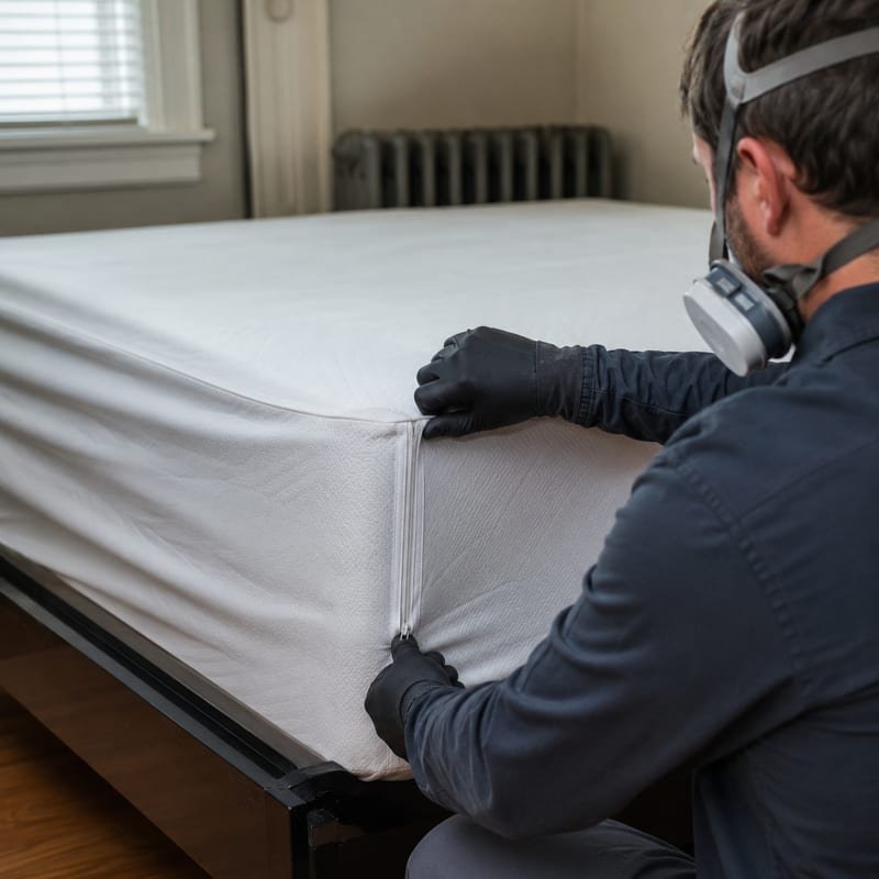 Zippered bed bug encasement being fitted over a box spring in a Central Massachusetts home