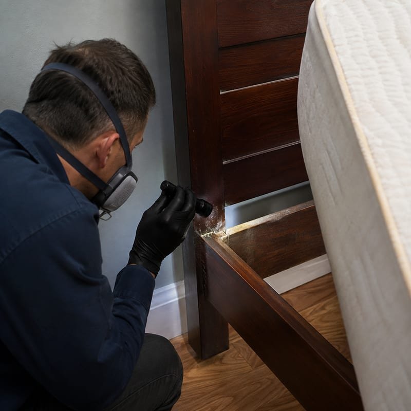 Technician inspecting a bed frame joint and headboard for bed bugs in a Worcester, MA home