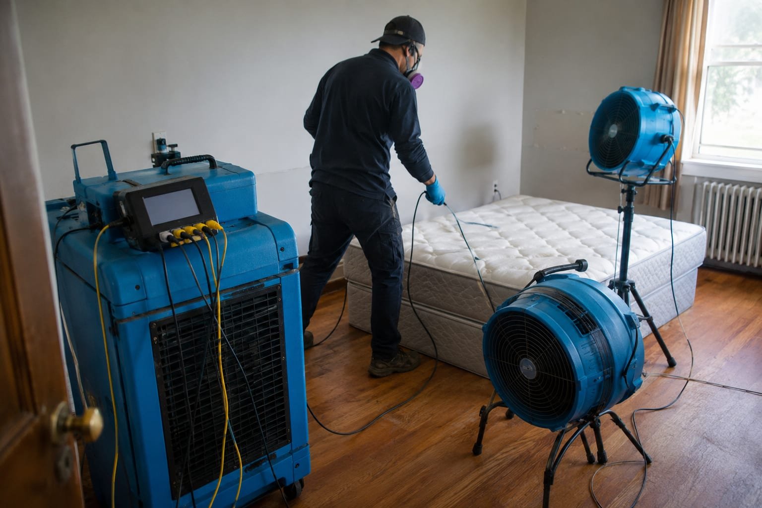 Bed bug heat treatment equipment and temperature probes set up in a Worcester, MA bedroom