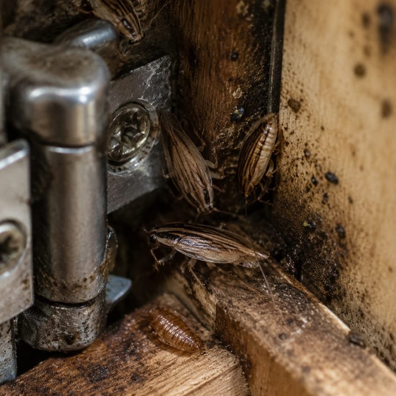 German cockroaches and egg cases in a kitchen cabinet hinge void in a Worcester, MA apartment