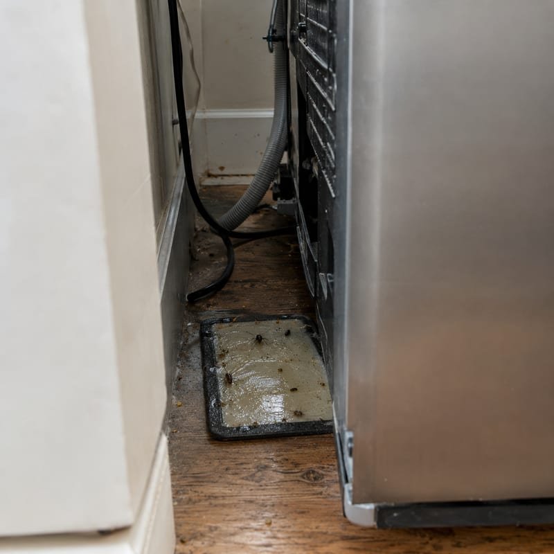 Sticky monitor trap set behind a refrigerator to map cockroach harbourage in a Central Massachusetts kitchen