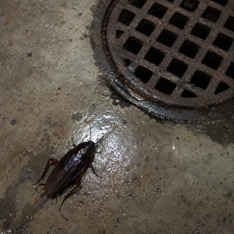 Oriental cockroach beside a floor drain in a damp Worcester, MA basement