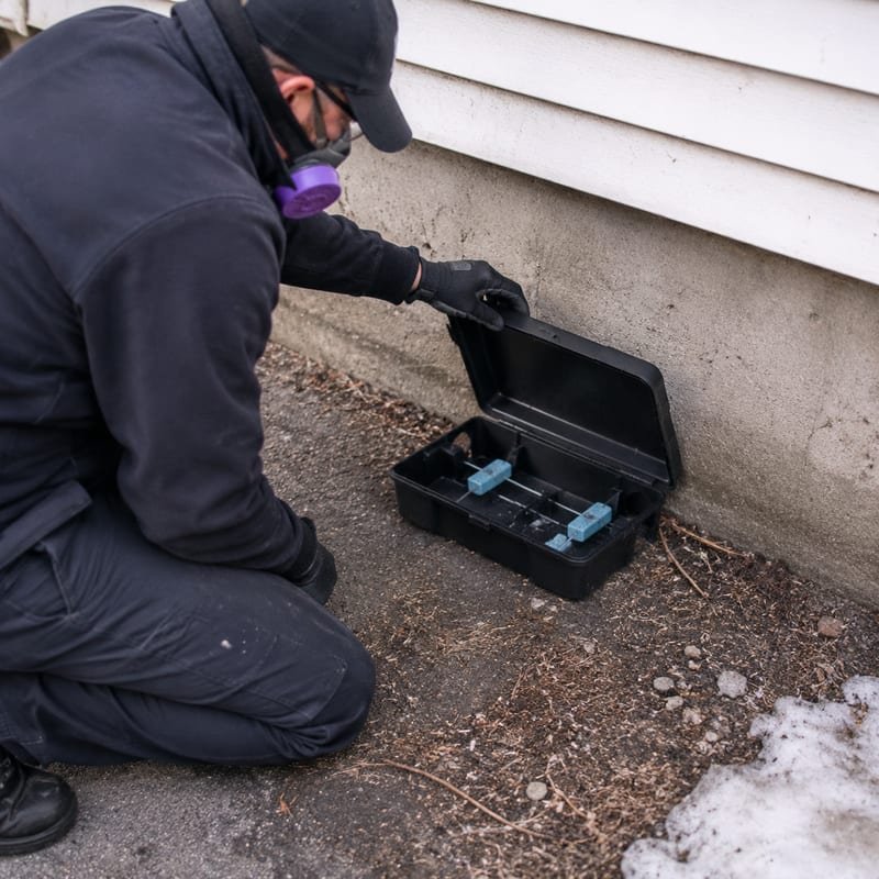 Numbered rodent bait station being serviced along the exterior wall of a Worcester, MA commercial building