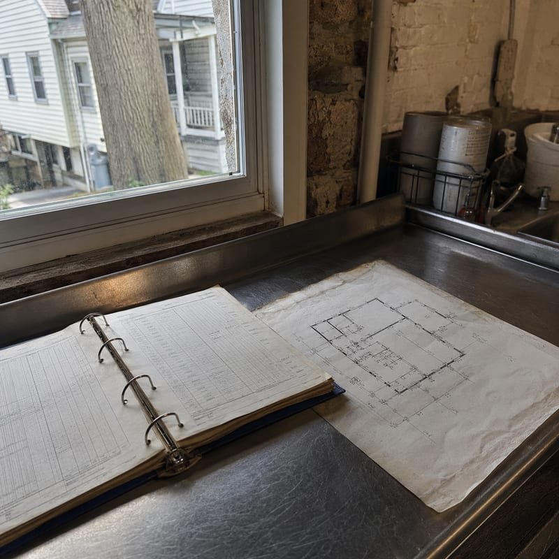 Pest control service log and site map binder kept on site at a Worcester, MA restaurant