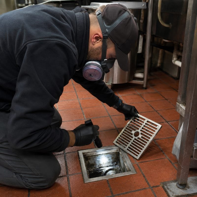 Technician inspecting a floor drain for small fly breeding in a Central Massachusetts commercial kitchen