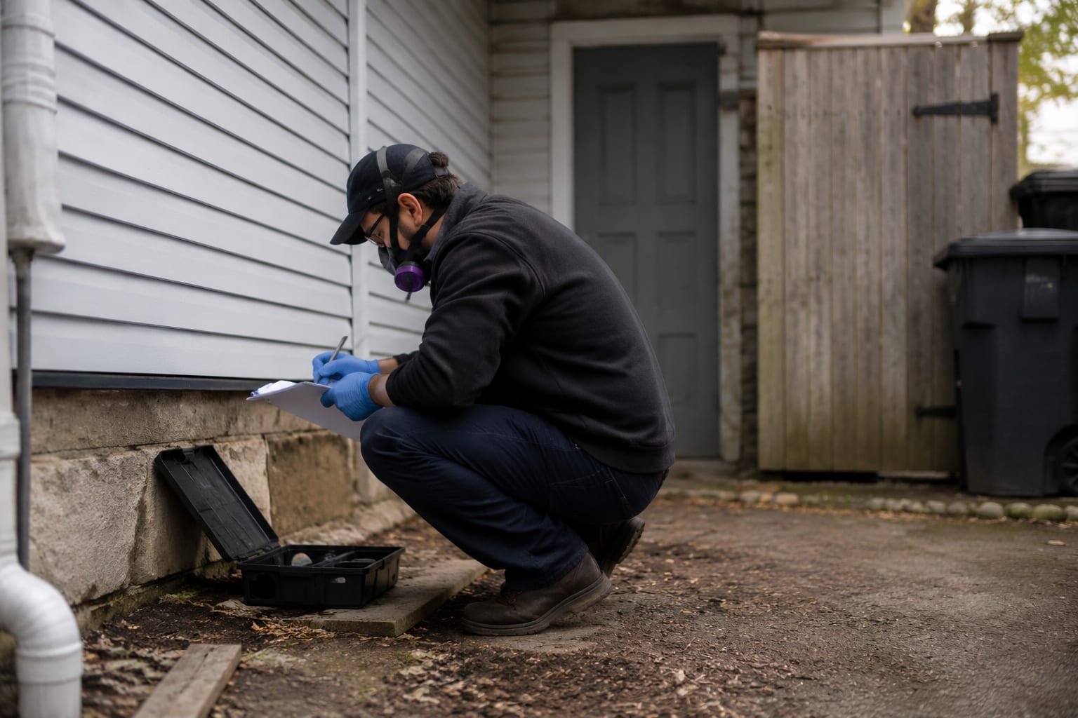 Technician logging a bait station inspection on a clipboard in the back-of-house area of a Worcester, MA restaurant