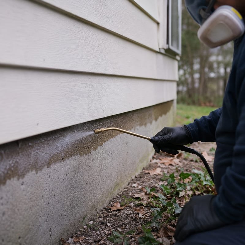 Pest control technician applying a perimeter treatment band along the foundation of a Worcester, MA home