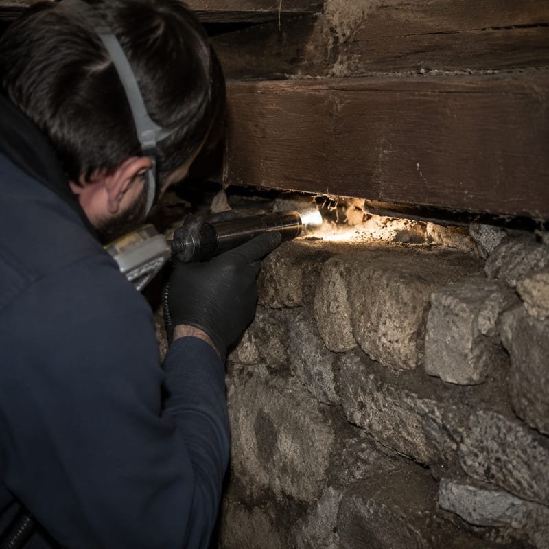 Technician inspecting an open sill plate and rim joist in the basement of an older Worcester, MA triple-decker