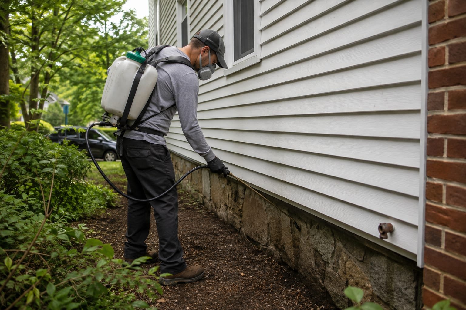 Pest control technician treating the foundation perimeter of a Worcester, MA home with a backpack sprayer