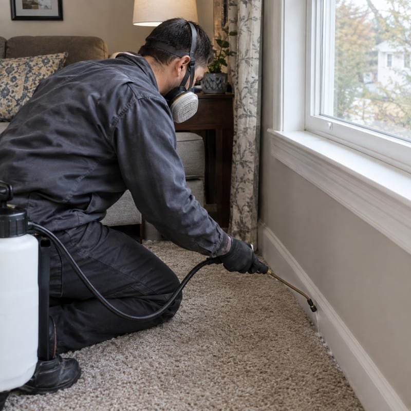 Technician applying flea treatment with an insect growth regulator along carpet edges in a Worcester, MA home