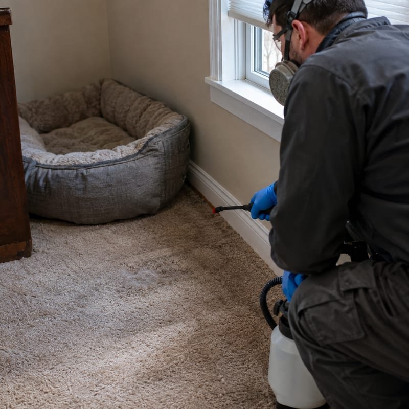 Pet resting area along a baseboard being treated for fleas in Worcester, MA