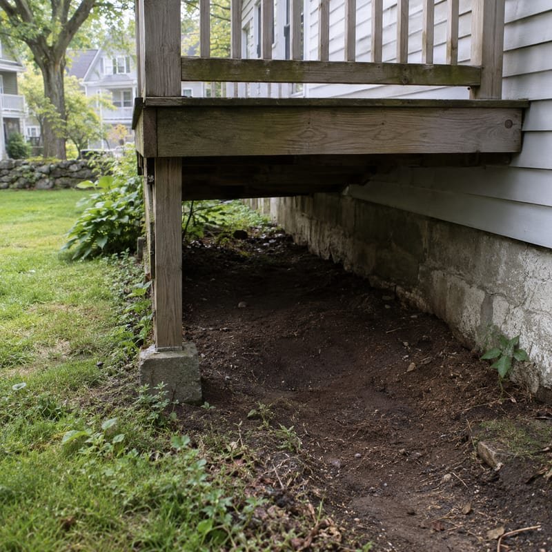Shaded foundation and under-deck resting spot where an outdoor pet picks up fleas in Worcester, MA