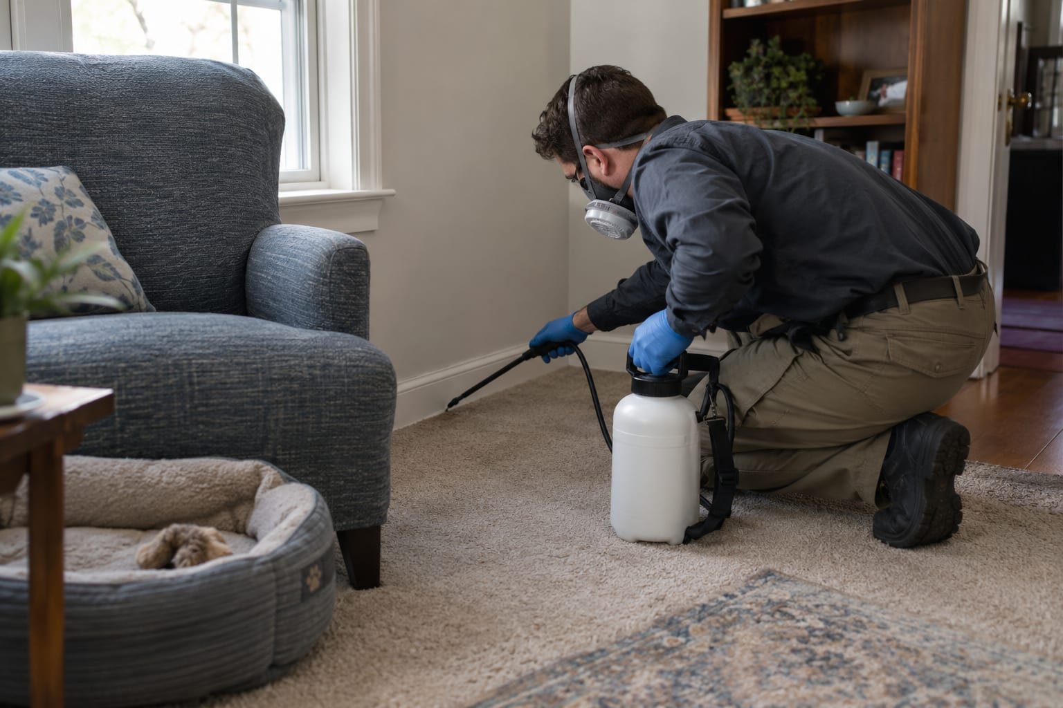 Pest control technician treating carpet edges and baseboards for fleas in a Worcester, MA home