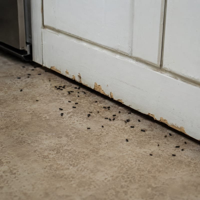 House mouse droppings and gnaw damage along a kitchen cabinet base in a Worcester, MA home
