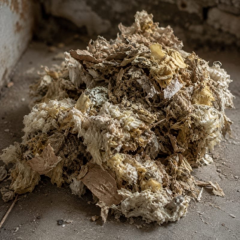 Shredded insulation nesting material pulled from a wall cavity during mouse removal in Central Massachusetts