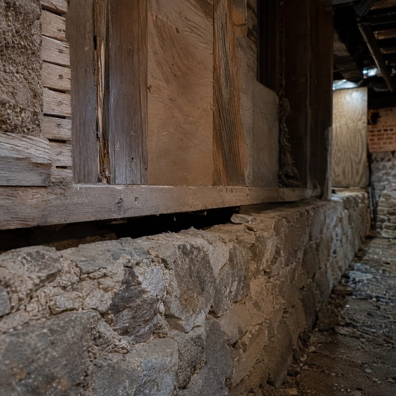 Open gap at the top of a fieldstone foundation where mice enter a Worcester, MA triple-decker
