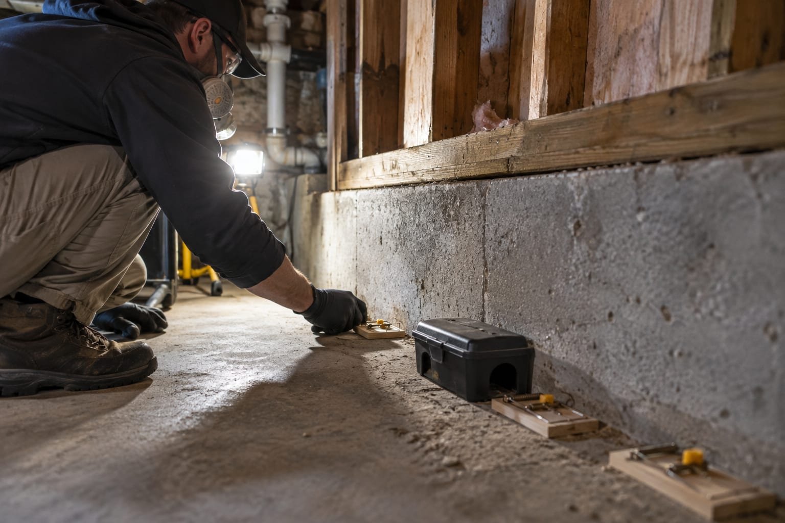 Snap traps and bait station placed along a basement sill plate during mice extermination in Worcester, MA