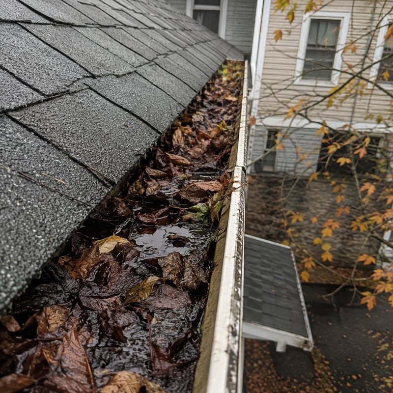 Standing water in a blocked gutter breeding mosquitoes on a Central Massachusetts house