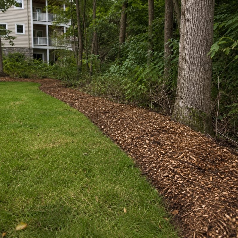 Wood chip border installed between mown lawn and woodland edge to reduce tick pressure in Worcester, MA