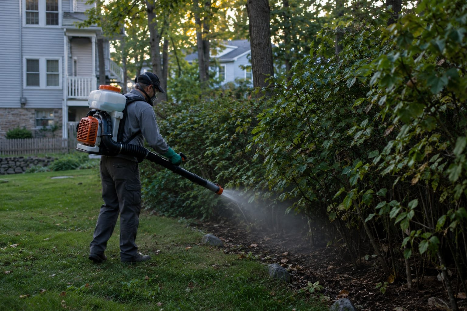 Technician mist-treating the shaded shrub line of a wooded Worcester, MA backyard for mosquitoes and ticks