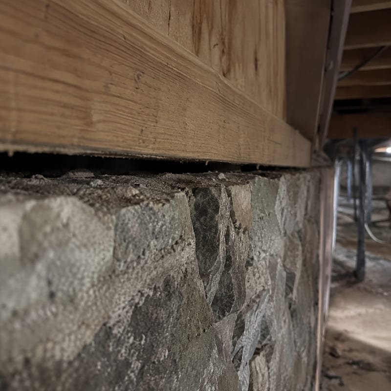 Rodent entry gap between fieldstone foundation and wooden sill plate in a Worcester, MA basement