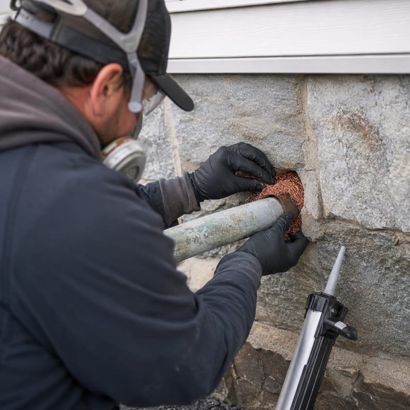 Copper mesh and sealant packed into a utility pipe penetration during rodent exclusion in Worcester, MA