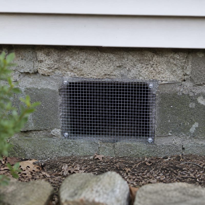 Quarter-inch hardware cloth fitted over a foundation vent to exclude mice from a Central Massachusetts home