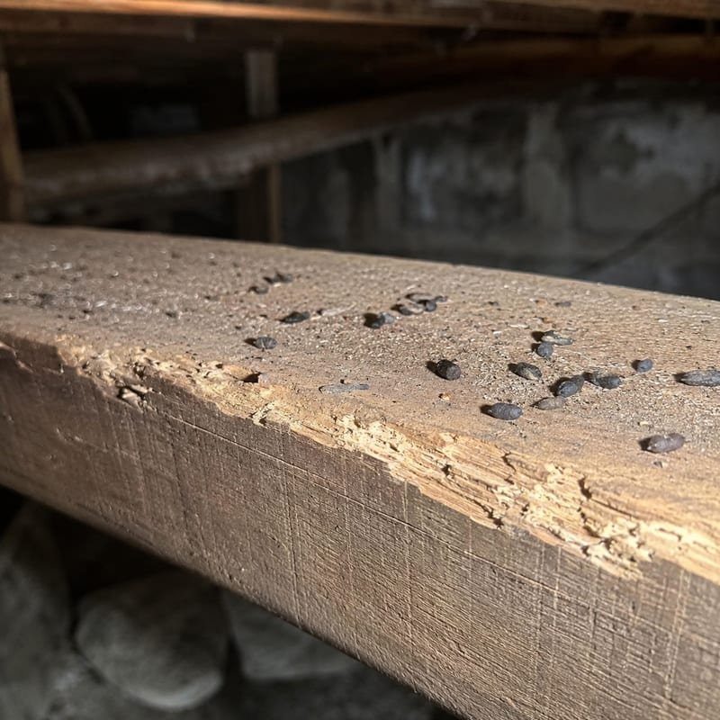 Rodent droppings and gnaw marks along a basement joist indicating an active mouse infestation in Worcester, MA