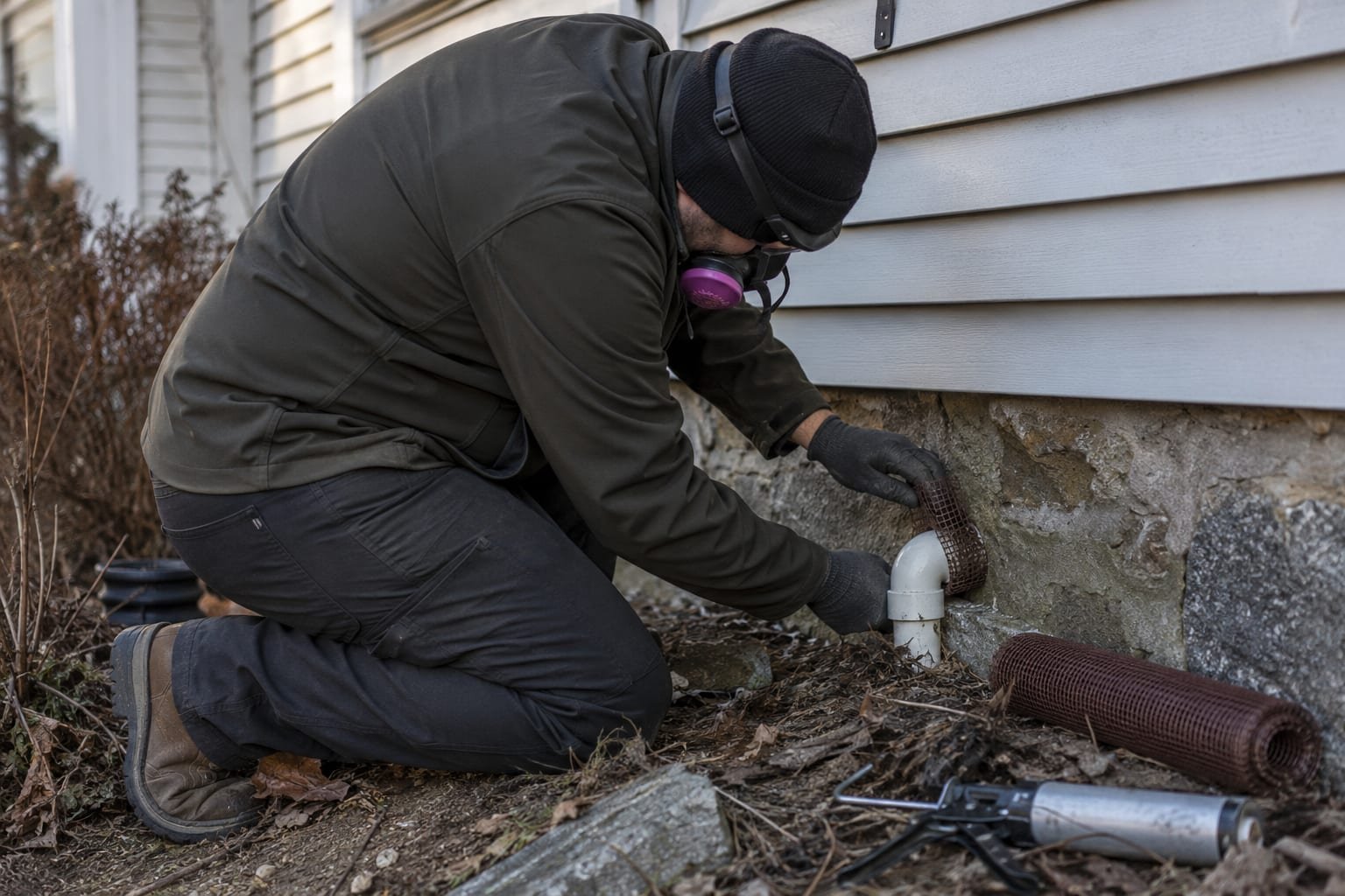 Technician sealing a foundation gap with copper mesh during rodent control work on a Worcester, MA house