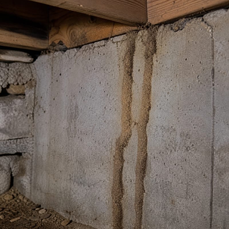Subterranean termite mud tubes running up a poured concrete foundation wall in a Worcester, MA basement