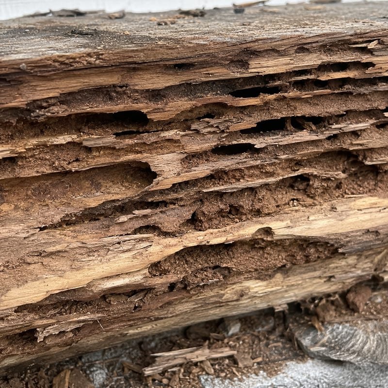 Termite-damaged sill plate showing layered galleries along the wood grain in Central Massachusetts