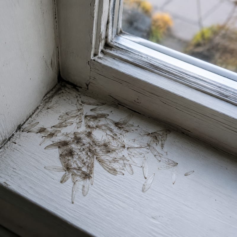 Discarded termite swarmer wings collected on a windowsill after a spring swarm in Worcester, MA